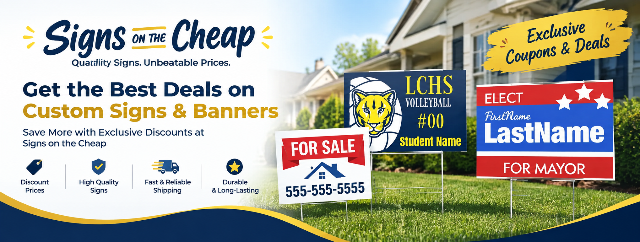 Signs on the Cheap yard sign display with volleyball and election campaign sign examples