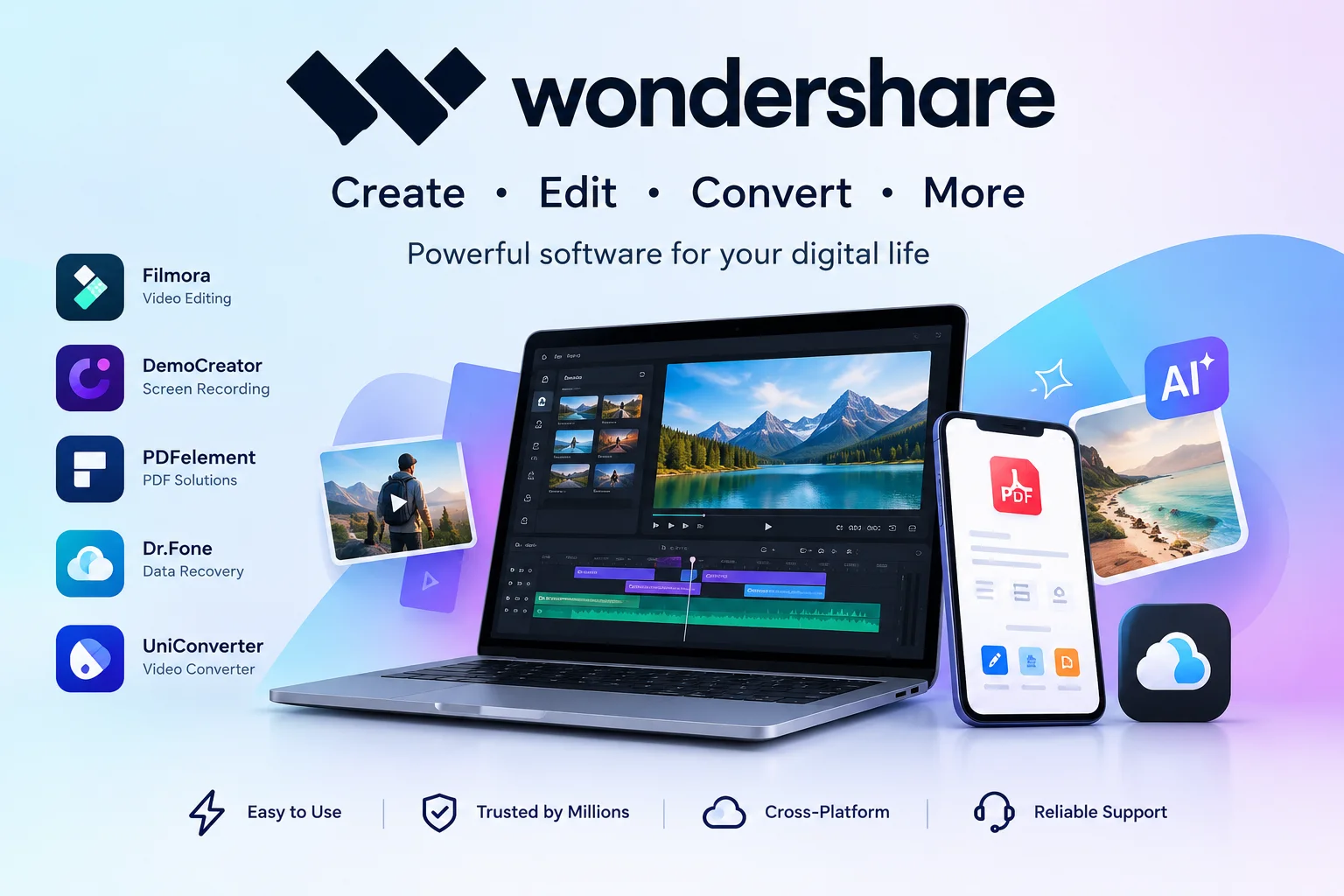 Wondershare AI-powered creative, video editing, PDF, diagramming, and data management software