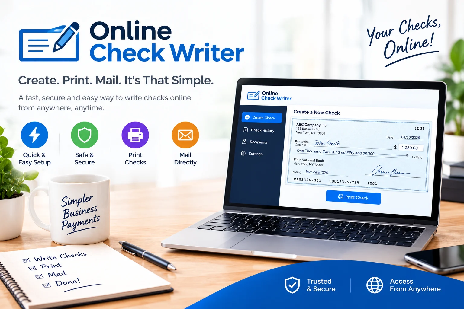 Online check writer tool for creating and printing checks digitally.