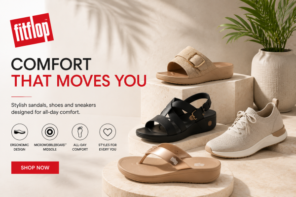 FitFlop comfort footwear collection featuring ergonomic sandals, sneakers, boots, clogs, and supportive shoes for men and women.