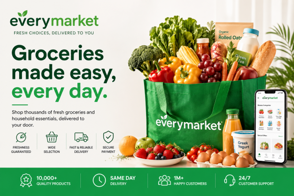 EveryMarket online marketplace featuring global brands, health and beauty products, home essentials, household goods, and everyday shopping items.