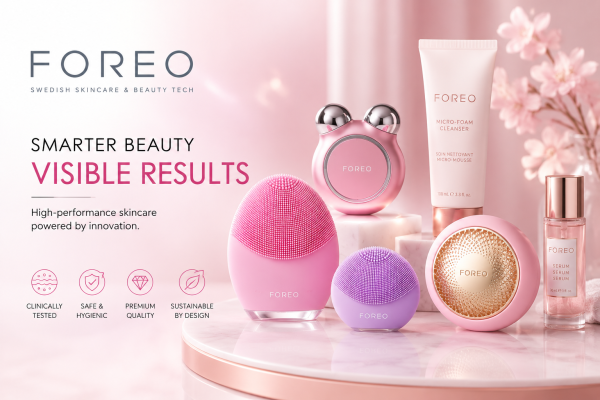 FOREO beauty-tech collection featuring facial cleansing devices, LED skincare tools, microcurrent facial toning devices, sonic toothbrushes, and premium skincare products.