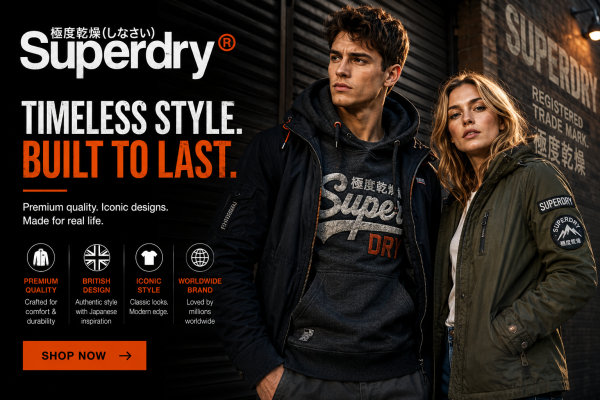 Superdry fashion store featuring men's and women's clothing, jackets, hoodies, footwear, accessories, and premium casualwear collections.