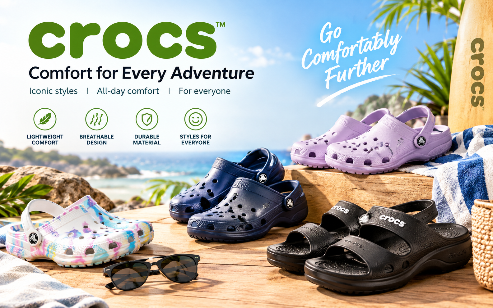 Crocs Gulf online store interface showcasing classic clogs, colorful sandals, platform footwear, and Jibbitz charms.